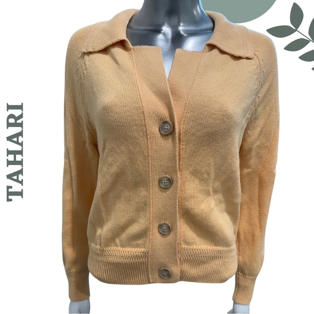 Tahari 100% Cotton Button-Front Cardigan Classic Button Up– Peach Extra Small